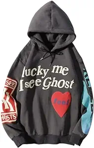 Photo 1 of Lucky Me Hoodie I See&Ghosts Graffiti Letter Print Couple Pullover Hip Hop Hooded Sweatshirt Love heart (Color : Dark gray, Size : Medium)
