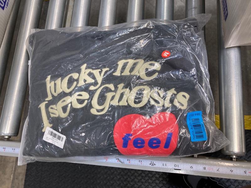 Photo 2 of Lucky Me Hoodie I See&Ghosts Graffiti Letter Print Couple Pullover Hip Hop Hooded Sweatshirt Love heart (Color : Dark gray, Size : Medium)
