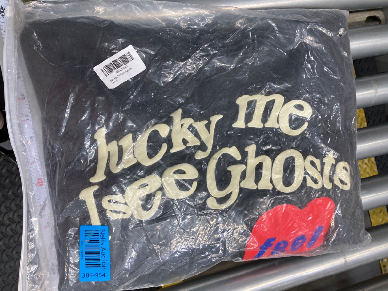 Photo 2 of Lucky Me Hoodie I See&Ghosts Graffiti Letter Print Couple Pullover Hip Hop Hooded Sweatshirt Love heart (Color : Dark gray, Size : Medium)
