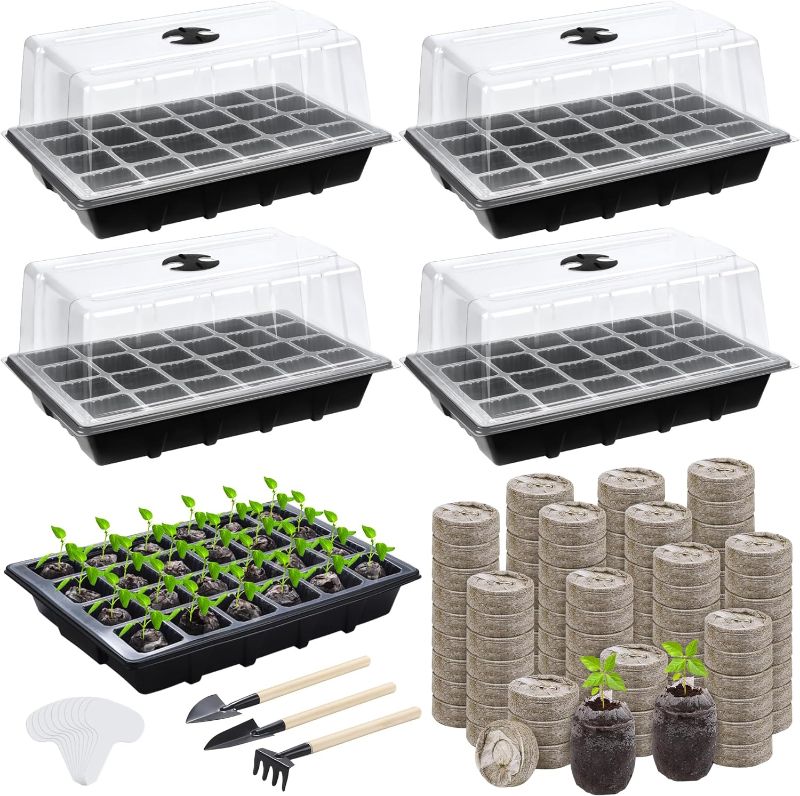 Photo 1 of 
Hahood 4 Sets Seed Starter Tray Kit Germination Starter Tray with Humidity Dome and Base Include 100 Peat Pellets 100 Plant Labels Garden Tools Plastic...