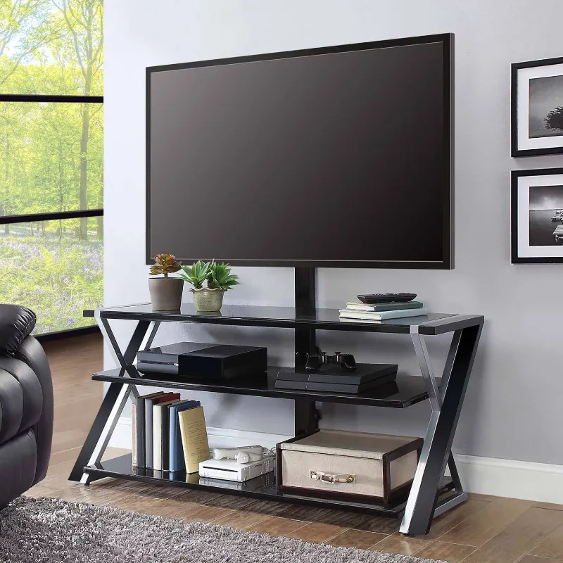 Photo 1 of Whalen Xavier 3-in-1 TV Stand for TVs up to 70", with 3 Display Options for Flat Screens, Black with Silver Accents