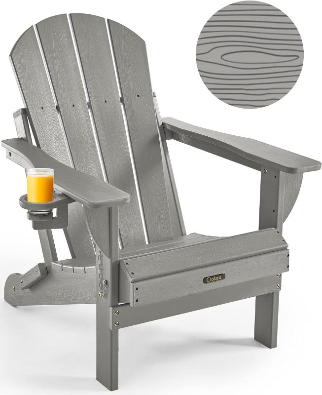 Photo 1 of Ciokea Folding Adirondack Chair Wood Texture, Patio Adirondack Chair Weather Resistant, Plastic Fire Pit Chair with Cup Holder, Lawn Chair for Outdoor Porch Garden Backyard Deck (Grey)