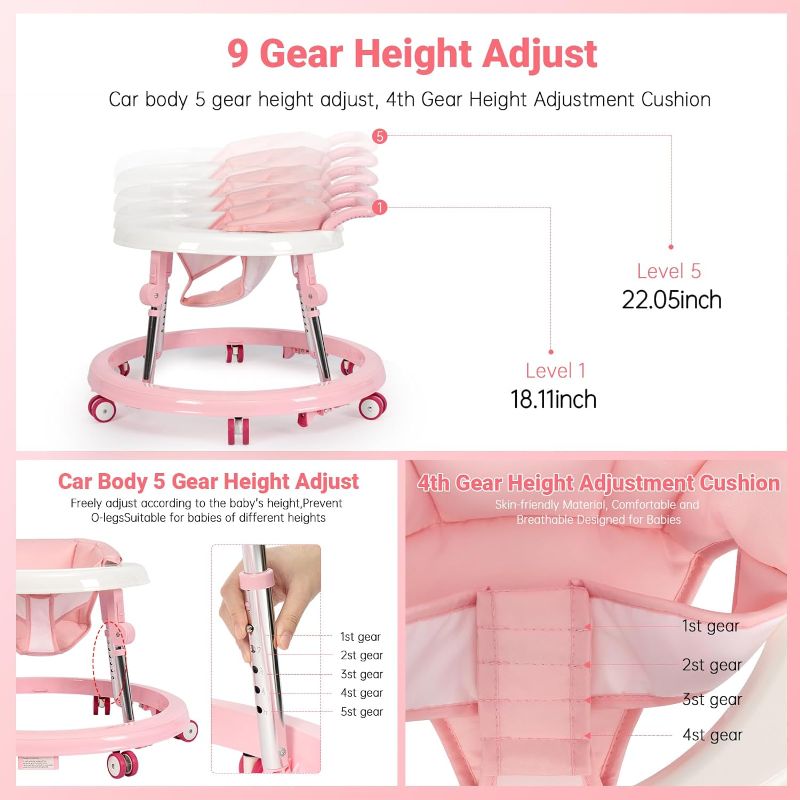 Photo 1 of Baby Walker Foldable with 9 Adjustable Heights, Baby Walkers and Activity Center for Girls Boys Babies 7-18 Months, Baby Walker with Wheels Portable Anti-Rollover (Pink)