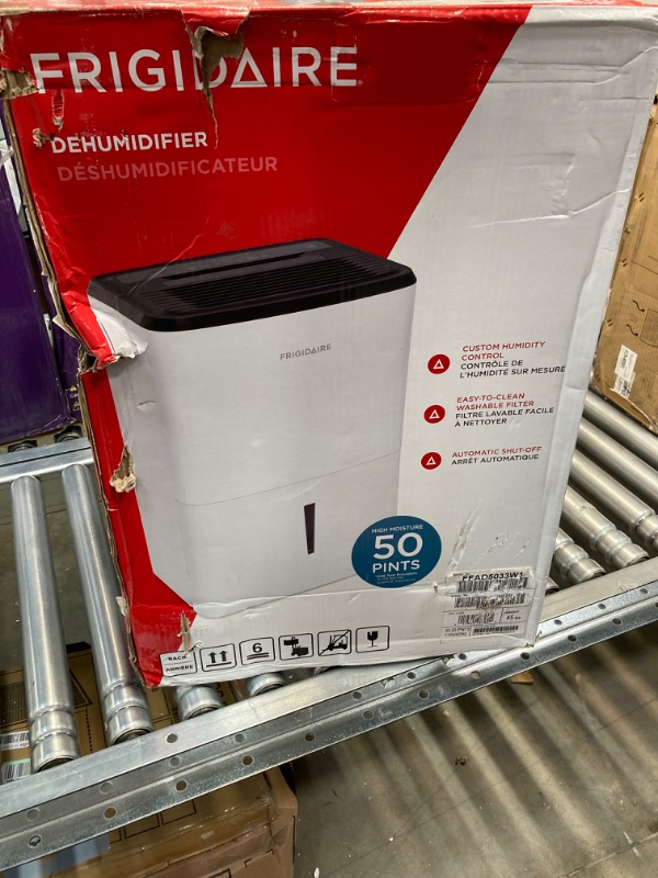 Photo 3 of ***FACTORY SEALED***Frigidaire 50-Pint Portable Dehumidifier for Basement, Home, and Attic, 115V, Quiet Moisture Absorber for Humidity Control with Auto Shut-Off and Removable Water Bucket/Continuous Drain Option, White 50 Pint