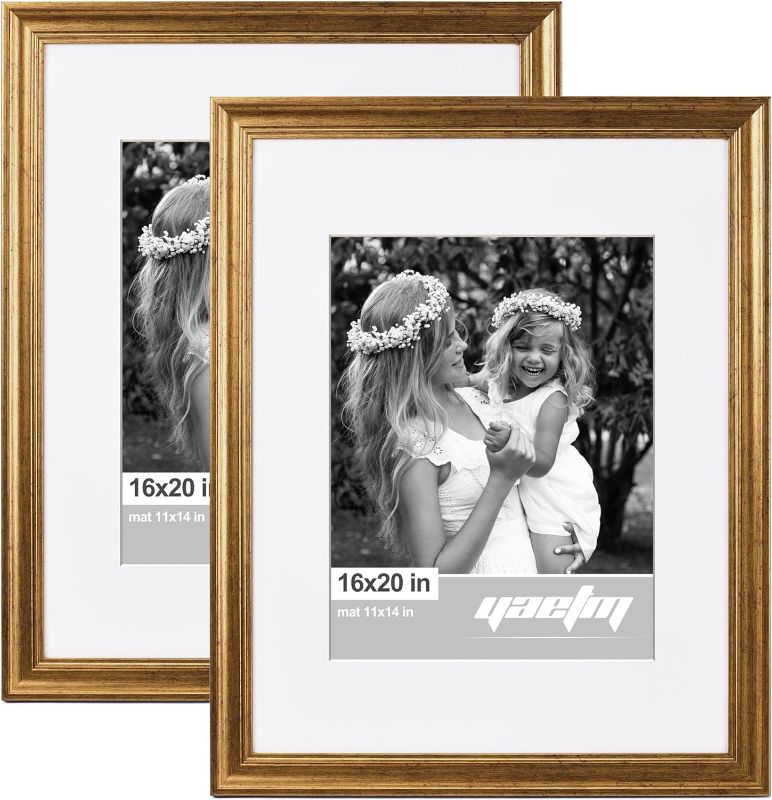 Photo 1 of 16x20 Picture Frame Matted to 11x14 Set of 2, 1.4” Wide Molding & Rustic Gold Poster Frames 16 x 20 inches, Gallery Wall Frame Set for Wall Mounting (2 pack, Gold)