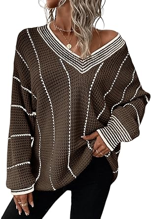 Photo 1 of AlvaQ Women Winter Long Sleeve V Neck Color Block Striped Sweater Casual Oversized Pullover Knitted Jumper Tops, Brown, Small