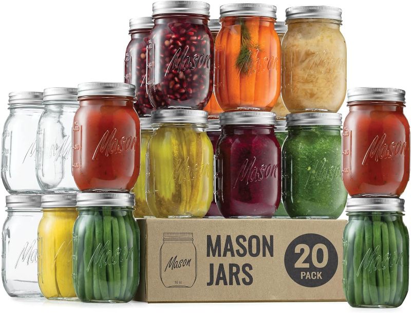 Photo 1 of Paksh Novelty Mason Jars with Lids & Sealer - 20 Pack 16 Oz Regular Mouth Glass Canning Jars - Food Storage Container - Airtight Container for Pickling, Candles, Overnight Oats, Fruit Preserves
