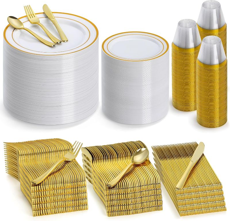 Photo 1 of 600 Pieces Gold Plastic Dinnerware for 100 Guests, Disposable Plastic Plates for Party Wedding Birthday, Includes 100 Dinner Plates, 100 Salad Plates, 100 Spoons, 100 Forks, 100 Knives, 100 Cups
