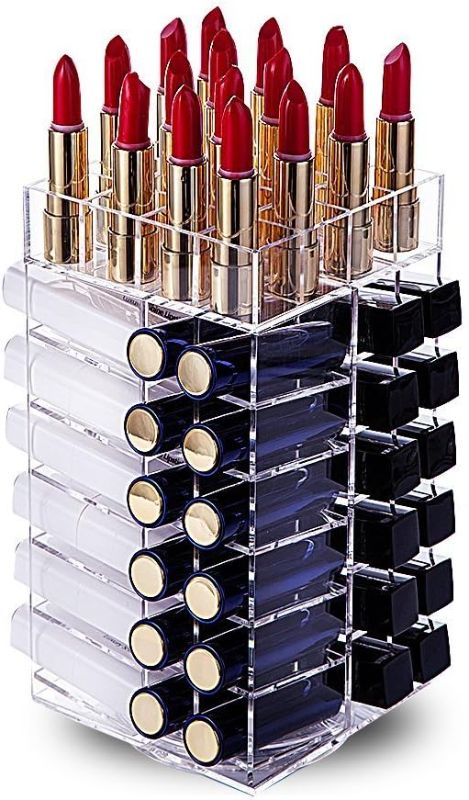 Photo 1 of HBlife Lipstick Holder, Acrylic Rotating 64 Lipstick Tower Organizer Spinning Lipstick Tower Lipgloss Holder with Removable Dividers
