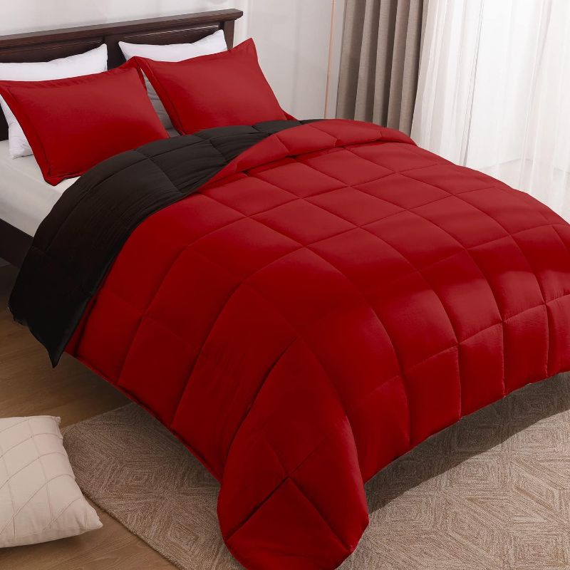 Photo 1 of Basic Beyond Red and Black Comforter Set Queen Size - Washed Microfiber Reversible Queen Bed Comforter Sets - 3 Pieces (1 Comforter + 2 Pillow Shams)
