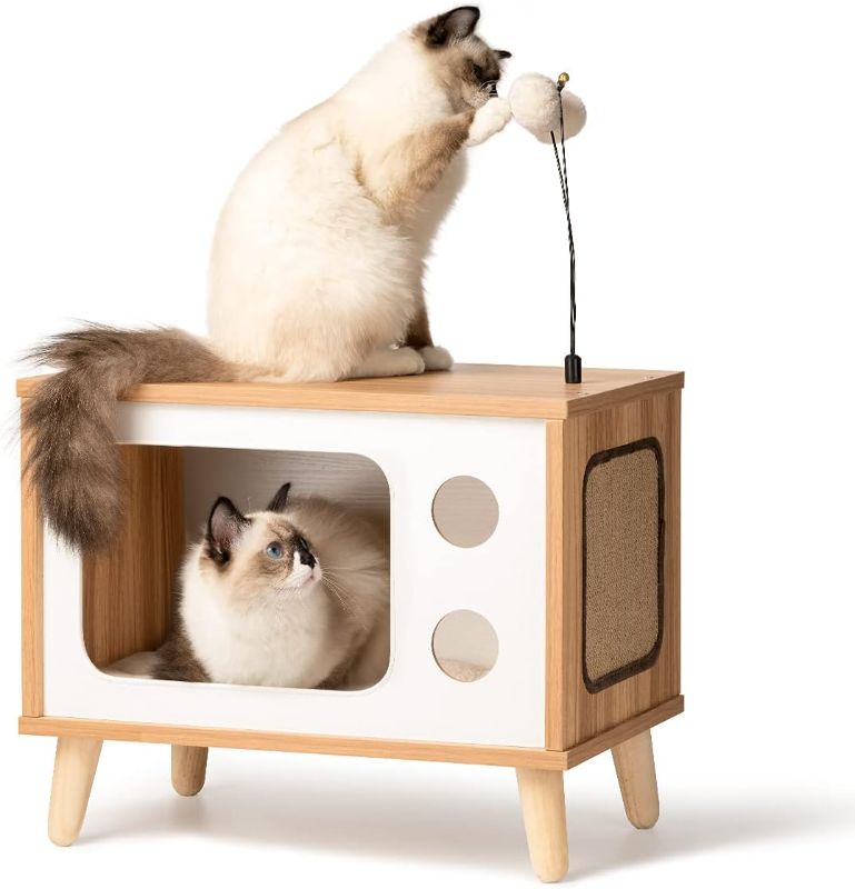 Photo 1 of Cat House Wooden Cat Condo Cat Bed Indoor TV-Shaped Sturdy Large Luxury Cat Shelter Furniture with Cushion Cat Scratcher Bell Ball Toys