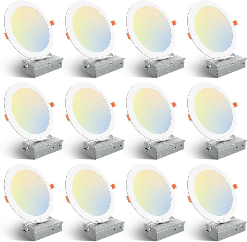 Photo 1 of Amico 12 Pack 8 Inch 5CCT Ultra-Thin LED Recessed Ceiling Light with Junction Box, 2700K/3000K/3500K/4000K/5000K Selectable, 18W Eqv 125W, Dimmable Canless Wafer Downlight, 1600LM High Brightness -ETL
