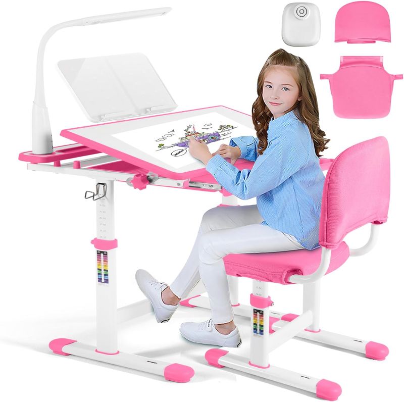 Photo 1 of Kids Desk and Chair Set, Height Adjustable Child's School Study Writing Tables with Tilt Desktop, LED Light, Storage Drawer, Book Stand (Pink)