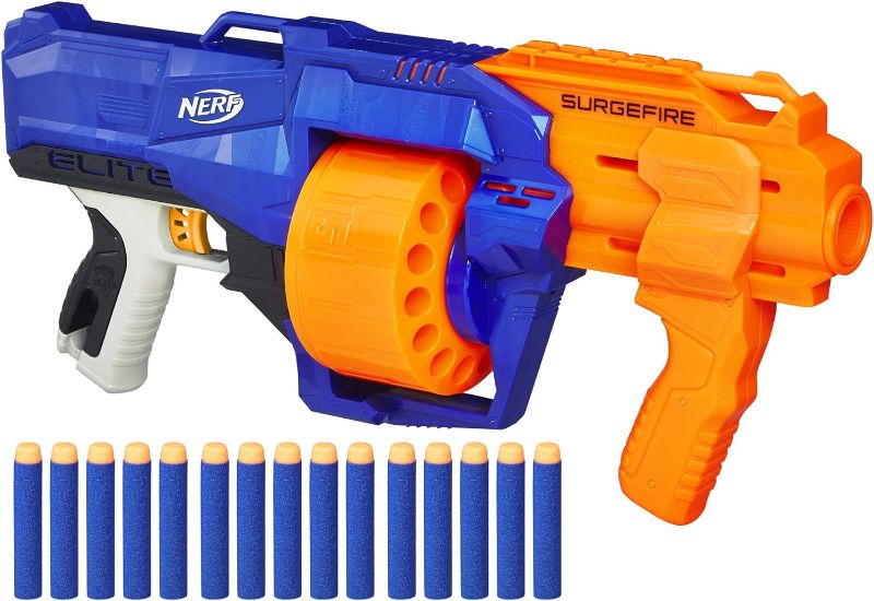 Photo 1 of NERF SurgeFire Elite Blaster, 15-Dart Rotating Drum, Slam Fire, Includes 15 Official Nerf Elite Darts (Amazon Exclusive)