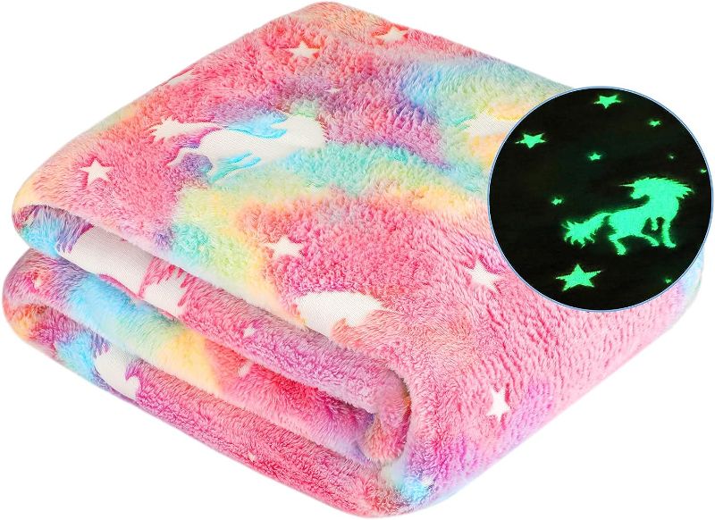Photo 1 of Glow in The Dark Blanket Unicorn Gifts for Kids Girls Teen Birthday Christmas Halloween Present Light Up Rainbow Unicorn Toy Bedroom Bed Decor Fun Soft...
