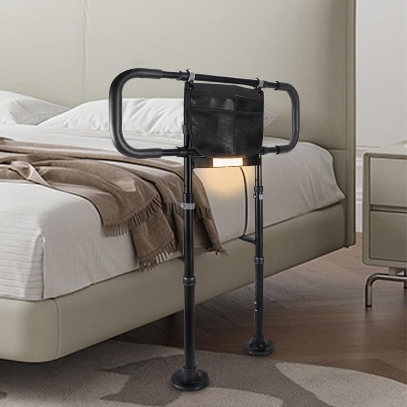 Photo 1 of Bed Rails for Elderly Adults Safety: Adjustable Heights Bed Cane with Storage Pocket, Non-Slip Handle, Motion Sensor Light, Bedrails for Elderly Adults Grab Bar Bed Handrails, Can Withstand 400LB
