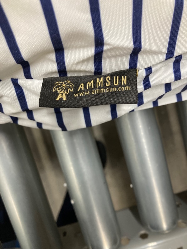 Photo 2 of AMMSUN 7ft Patio Umbrella with Fringe Outdoor Tassel Umbrella UPF50+ Wood Color Steel Pole and Steel Ribs Push Button Tilt - Navy Blue Stripes