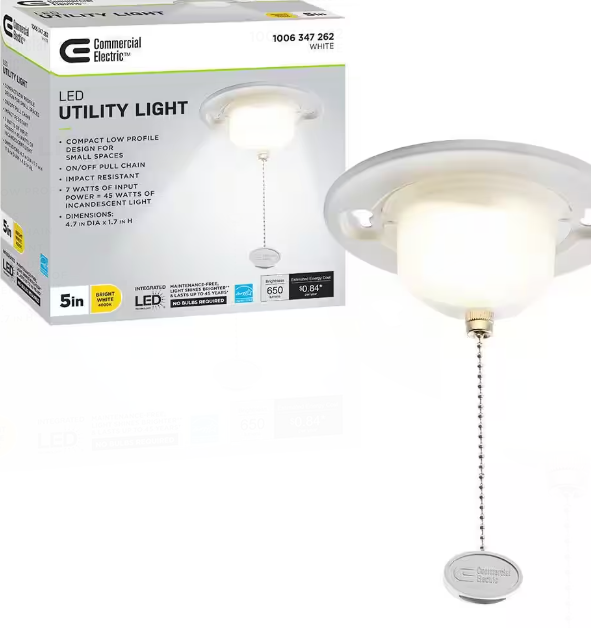 Photo 1 of 5 in. Closet Utility Light Lampholder with Pull Chain LED Flush Mount 650 Lumens 7-Watt 4000K Bright White