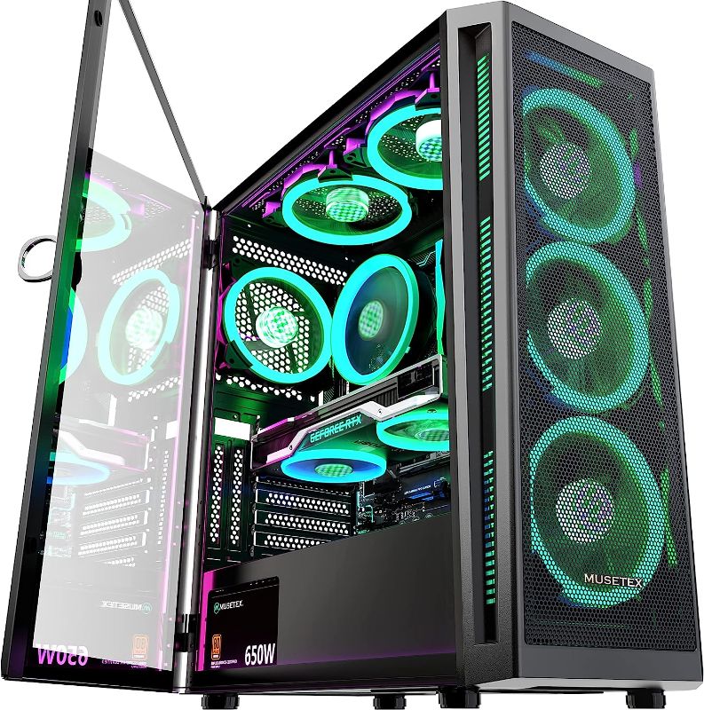 Photo 1 of CharcoalMUSETEX ATX PC Case Pre-Install 6 PWM ARGB Fans, Mid Tower Gaming Case with Opening Tempered Glass Side Panel Door, Mesh Computer Case, TW8