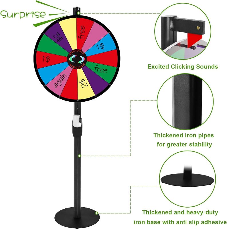 Photo 1 of 24” 2 In 1 Heavy Duty Spinning Wheel for Prizes, Adjustable Tabletop and Floor Stand Fortune Wheel Spinner,14 Colorful Prize Slots,Color Prize Wheel for Trade Show,Fortune Spinning Game,Carnival 24" 1Pack