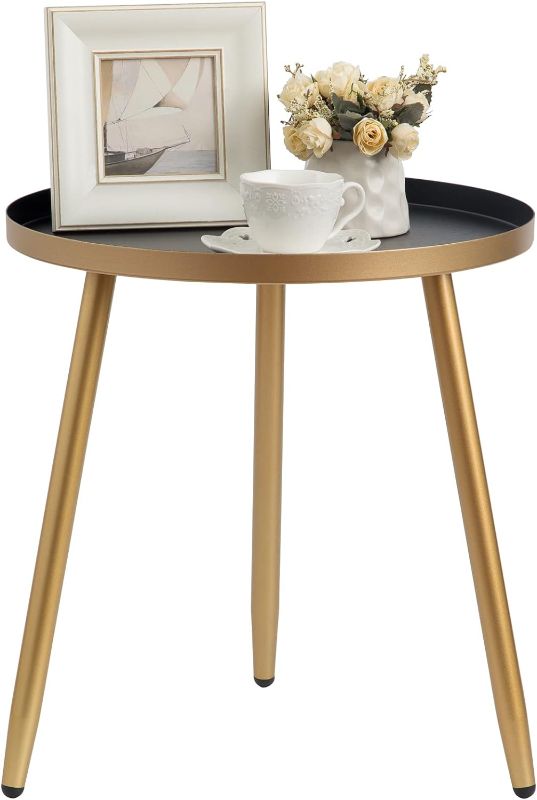 Photo 1 of AOJEZOR Round End/Side Tables for Living Room, Bedrooms Narrow Night Stands Cute Pedestal Plant Stand for Balcony, Black Tray with 3 Legged Gold Coffee/ Accent Table