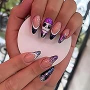 Photo 1 of 24 Pcs Halloween Fake Nails French Tip Press on Nails Almond Stick on Nails Purple Full Cover False Nails Cute Face Pattern Designs Nightmare Before Christmas Press on Nails Glossy Acrylic Nails for Women