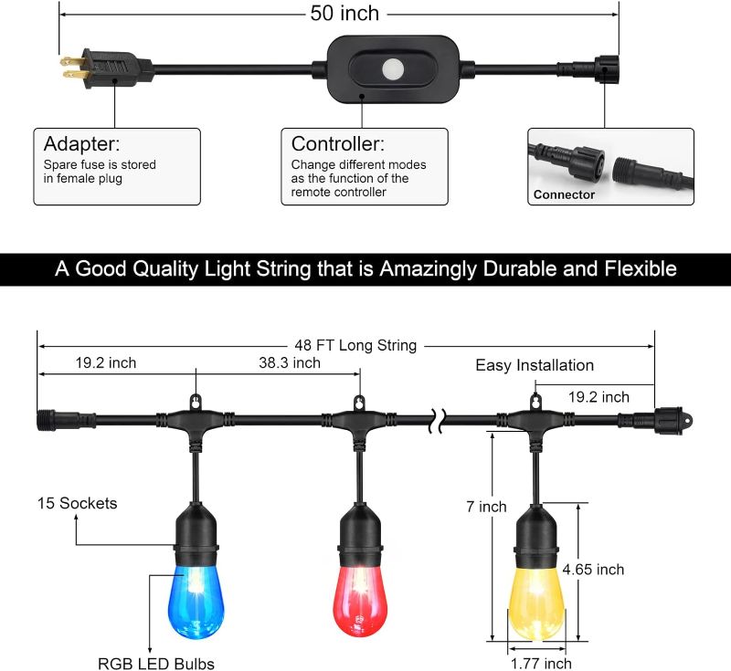 Photo 1 of ***NOT WORKING, SEE NOTES*** Mlambert 48FT Outdoor Patio Lights Waterproof Dimmable with Remote, RGB Cafe LED String Light with 15 Shatterproof Bulbs for Bistro Party-Black 1 Pack