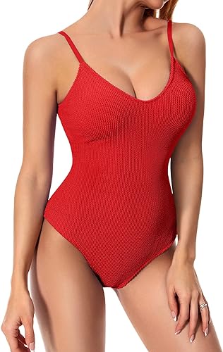 Photo 1 of Angerella Women's One Piece Swimsuits Tummy Control High Waisted Ribbed Bathing Suit 1 Piece Monokini Swimsuit Large Red