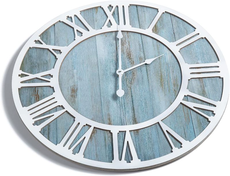 Photo 1 of 1st owned Wall Clock for Home Decor - 16 Inch Blue Wood Wall Clocks Battery Operated Nearly Silent Little Ticking Simple Minimalist Roman Numbers Clock Decorative for Bedrrom 40CM Blue