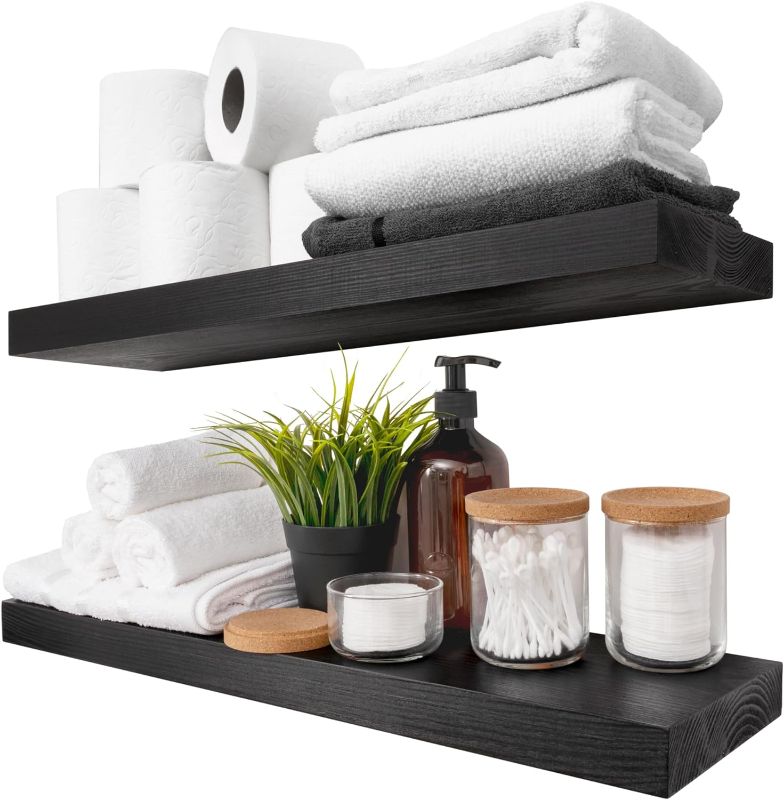 Photo 1 of BAOBAB WORKSHOP Wood Floating Shelves Set of 2 - Black Floating Shelves for Wall - Wall Shelves for Bedroom Dark Wood - Black Bathroom Shelves - Floating Shelf Living Room - 24D x 6.7W