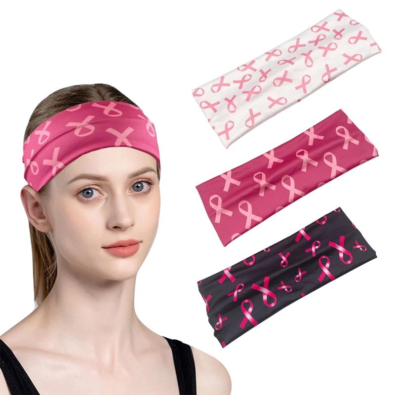 Photo 1 of Breast Cancer Awareness Headbands for Women and Girls - Pink Ribbon Hair Accessories, Elastic Wide Hair Bands for Yoga, Running, Non-Slip Sweat-Wicking Stretchy Hair Wraps (3 Colours)
