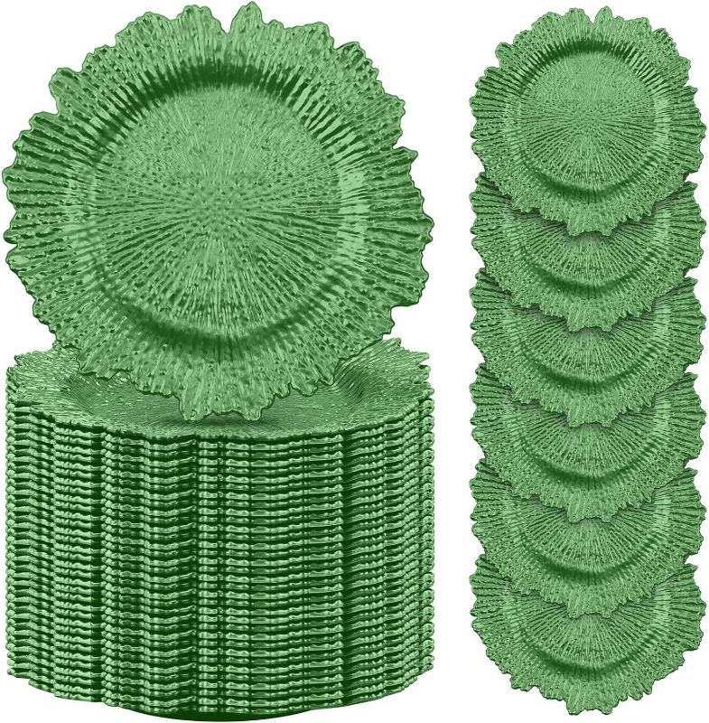 Photo 1 of 100 Pcs Reef Charger Plates Bulk 13 Inch Plastic Wedding Chargers Floral Decorative Charger Plates Metallic Ruffled Rim Charger Plates for Wedding Party, Holiday Event Supplies (Green)