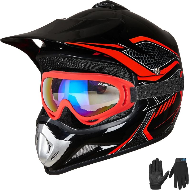 Photo 1 of CUETY DOT Youth Kids Motocross Helmet, Unisex Dirt Bike ATV BMX Street Ride Off-Road Full Face Motorycle Helmet W/ Goggles Gloves Mask Red Large