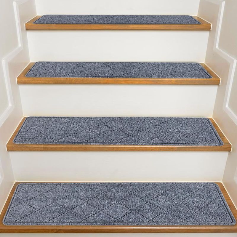 Photo 1 of Stair Treads for Wooden Steps Indoor, KOOTETA 15 Pack 8" X 30" Non Slip Carpet Stair Treads with Reusable Adhesive for Kids Elders and Dogs, Surface Polyester TPR Backing Stair Rugs, Dark Grey