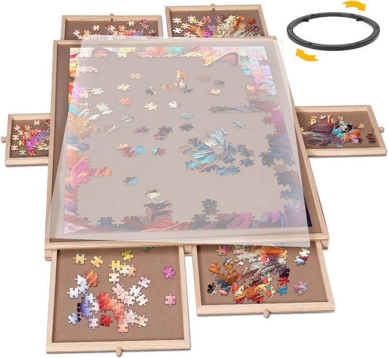 Photo 1 of ENERIDIO Wooden Puzzle Table with 6 Drawers and Cover, Adult Portable Puzzle Board, 40 "x 28" Lazy Susan Rotating Puzzle Table, Used for Puzzle Storage and Sorting, can Hold 2000 Pieces Extra Large -2000