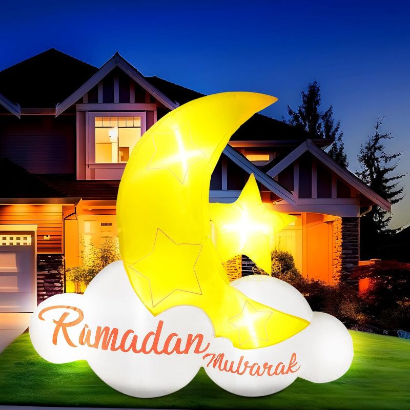 Photo 1 of 5.5 ft Ramadan Outdoor Inflatable Moon Decorations Blow up Islamic Eid Decor Inflatable Muslim Mubarak Holy Celebration Decor with LED Lights Celebrate Fasting Introspection and Prayer