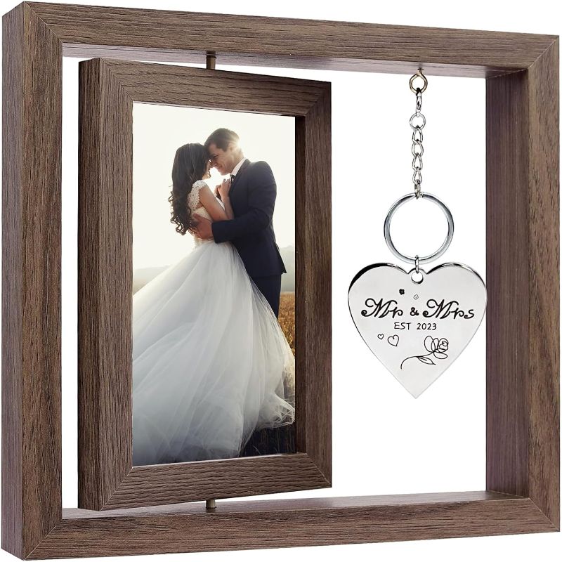 Photo 1 of Wedding Gifts for Couples 2023,Rotating Floating Mr and Mrs Picture Frame,4x6 Rustic Picture Frame Cool Wedding Gifts for Couple,Bridal Shower Gifts for Bride to Be