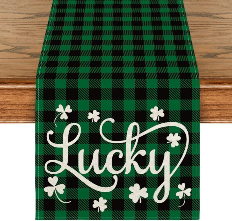 Photo 1 of *** Bundle *** Artoid Mode Buffalo Plaid Lucky Clover Shamrock Table Runner, Seasonal St. Patrick's Day Holiday Kitchen Dining Table Runner for Home Party Decor 13 x 36 Inch ( 2 pack ) 