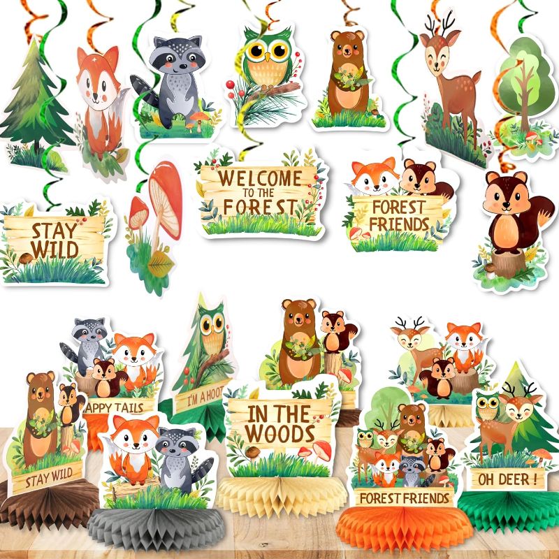 Photo 1 of 33 PCS Woodland Animals Honeycomb Centerpieces 3D Table Topper Animals Hanging Swirl Decorations Forest Friend Birthday Party Foil Ceiling Decor for Boy Girl Kids, Woodland Baby Shower