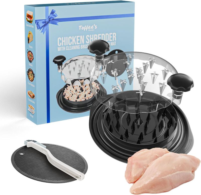 Photo 1 of Chicken Shredder with Anti-slip Mat and Cleaning Brush, 10.8" Chicken Shredder Tool Twist, BPA Free Large Chicken Breast Shredder with Transparent Lid, Ergonomic Handle (Black)