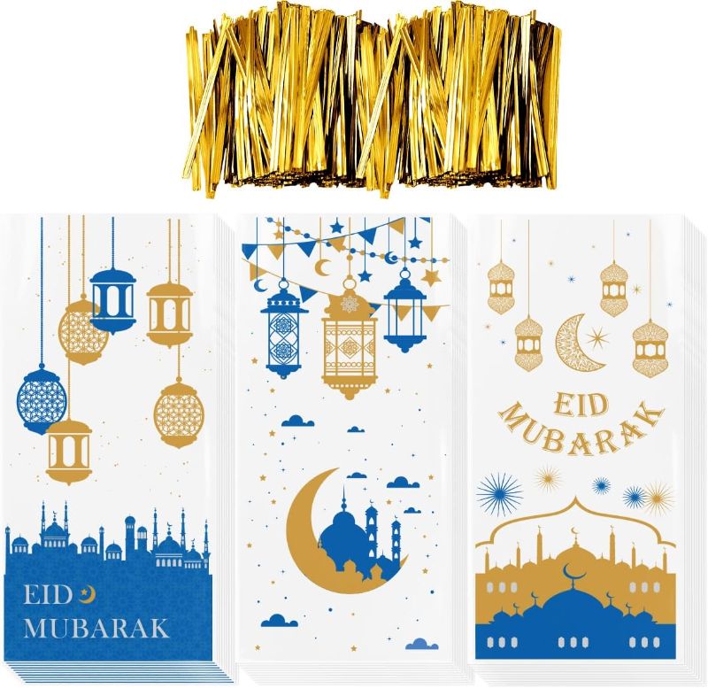 Photo 1 of *** Bundle *** Aviski 150PCS Eid Mubarak Party Treat Bags, Ramadan Theme Printed Pattern Gift Bags Cellophane Clear Plastic Goodie Favor Bags with Silver Twist Ties for Eid Mubarak Party, 10.6 × 5.1inch ( 2 pack ) 