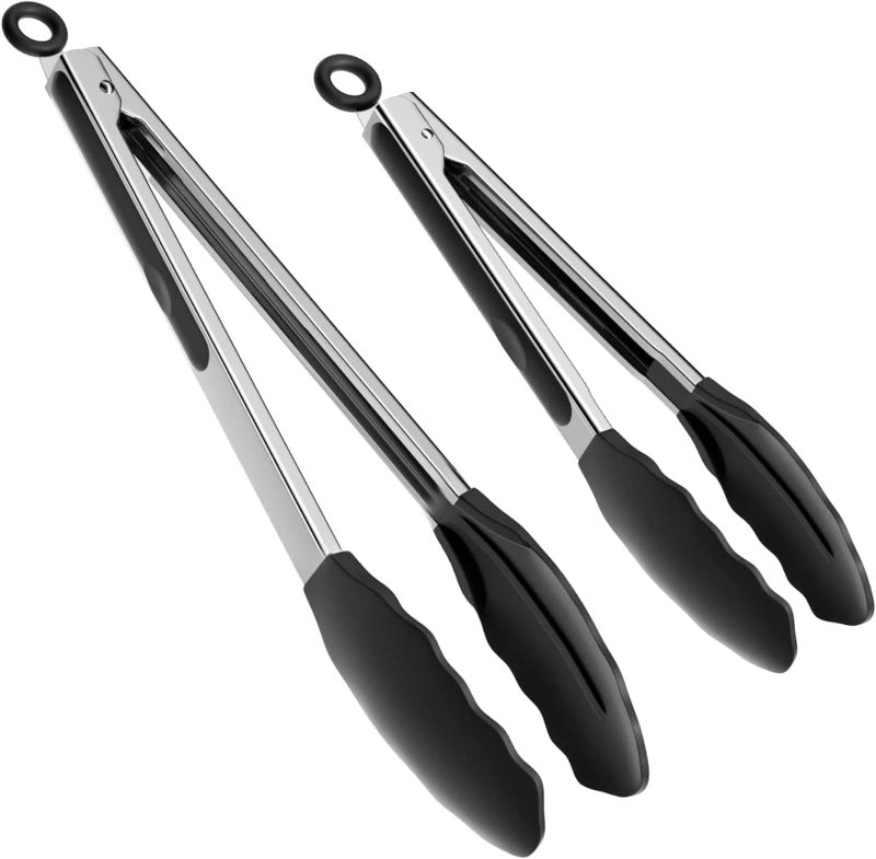 Photo 1 of *** Bundle *** Cooking Tongs,Set of 2 Silicone Tongs, Rubber Grips Kitchen Tongs, Food Tongs,Kitchen Utensils,Cooking Utensils for Grill,Salad,BBQ,Baking, 9/12 inches (Black) 9 2 pack )