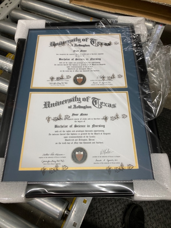 Photo 2 of GraduationMall 14x20 Double Diploma Frame, Display 8.5x11 Certificate with Navy over Gold Mat,UV Protection Acrylic,Black with Silver Beads