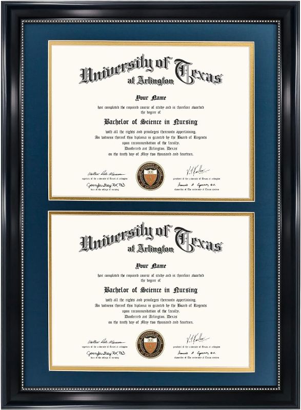 Photo 1 of GraduationMall 14x20 Double Diploma Frame, Display 8.5x11 Certificate with Navy over Gold Mat,UV Protection Acrylic,Black with Silver Beads