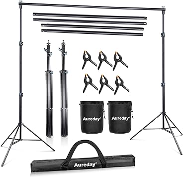 Photo 1 of Aureday Backdrop Stand, 10x8.5ft Adjustable Photo Backdrop Stand for Parties, Heavy Duty Background Stand with Travel Bag, 6 Backdrop Clamps, 4 Crossbars, 2 Sandbags for Wedding/Decorations/Photoshoot