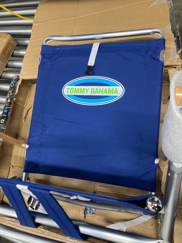 Photo 2 of **It's a little dirty, but is new.** Tommy Bahama 5-Position Classic Lay Flat Folding Backpack Beach Chair, Navy 23" x 25.25" x 31.5" Navy