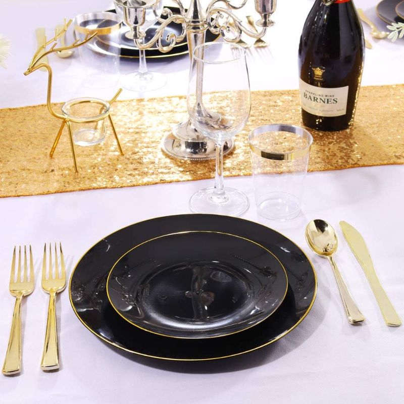 Photo 2 of 100 Pieces Black Plastic Plates - 7.5inch Black Dessert Plates - Disposable Gold Plastic Plates - Black Disposable Plates Ideal for Wedding & Parties & Dinner