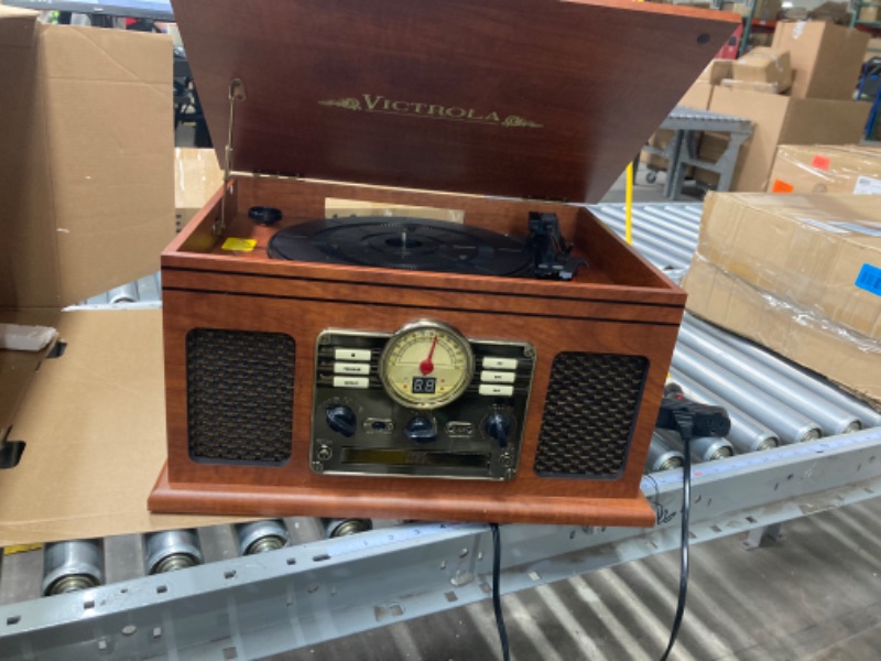 Photo 2 of Victrola Nostalgic 6-in-1 Bluetooth Record Player & Multimedia Center with Built-in Speakers - 3-Speed Turntable, CD & Cassette Player, FM Radio | Wireless Music Streaming | Mahogany Mahogany Entertainment Center