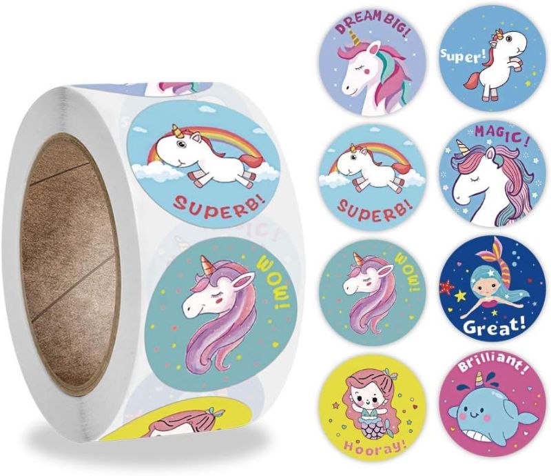 Photo 1 of **Pack of 11** PMCDS2G Reward Stickers for Kids 1inch 500pcs Per Roll Unicorn Cartoon Design Easy Carried Incentive Sticker Supplies for Teachers and Mothers