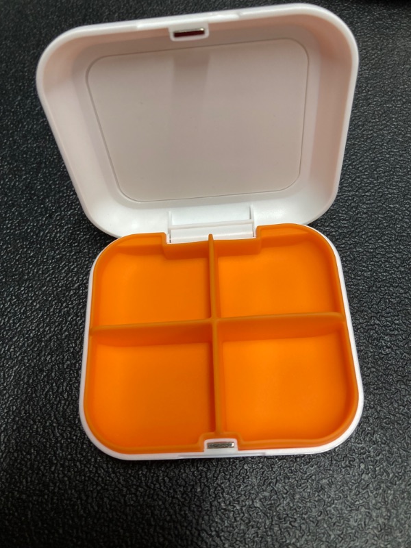 Photo 4 of **Pack of 3** Pill Box Portable Pill Dispensing Box, Travel Portable Pill Box, 4-Compartment Daily Portable Pill Organizer, Suitable for Vitamins, Medicines, Fish Oil (White+Orange)